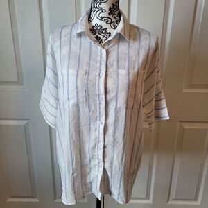 Classy white and blue striped women short sleeve button up shirt